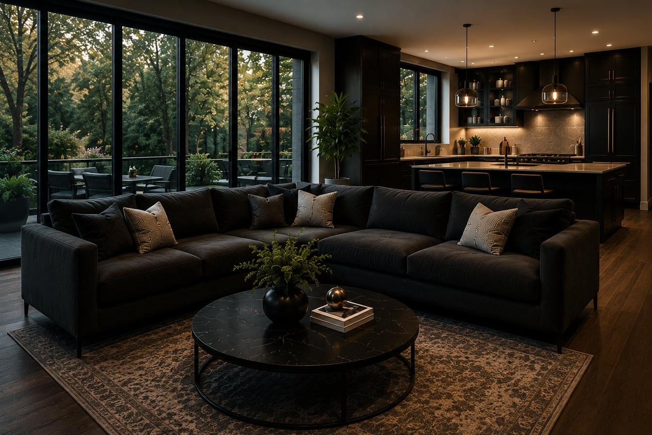 Modern dark living room with sectional sofa