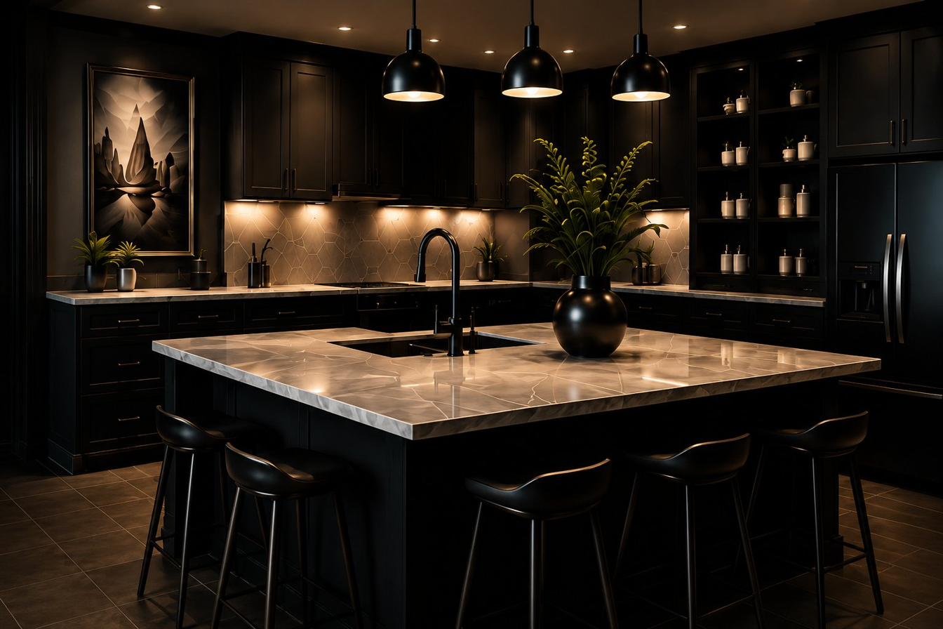 Dark luxury kitchen with marble island